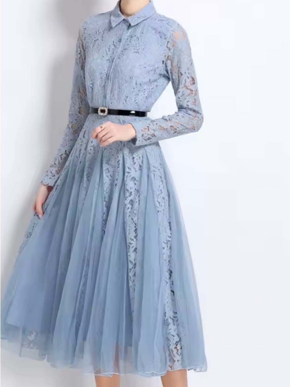 Blue Lace Midi Dress with Belt